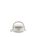 Chanel 25C Double Top Handle Round Vanity Case Lambskin Metallic Silver SHW (Microchip)
