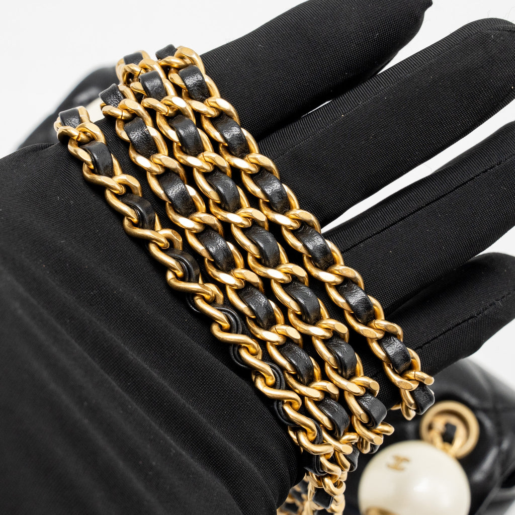 Chanel CC Mini Flap Bag with Adjustable Pearls Chain Lambskin Black GHW (Microchip)