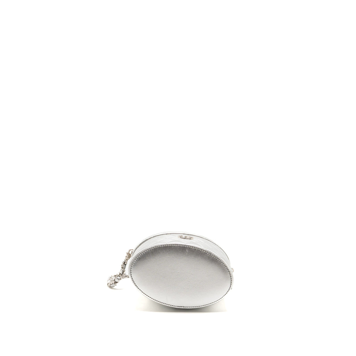Chanel 25C Double Top Handle Round Vanity Case Lambskin Metallic Silver SHW (Microchip)