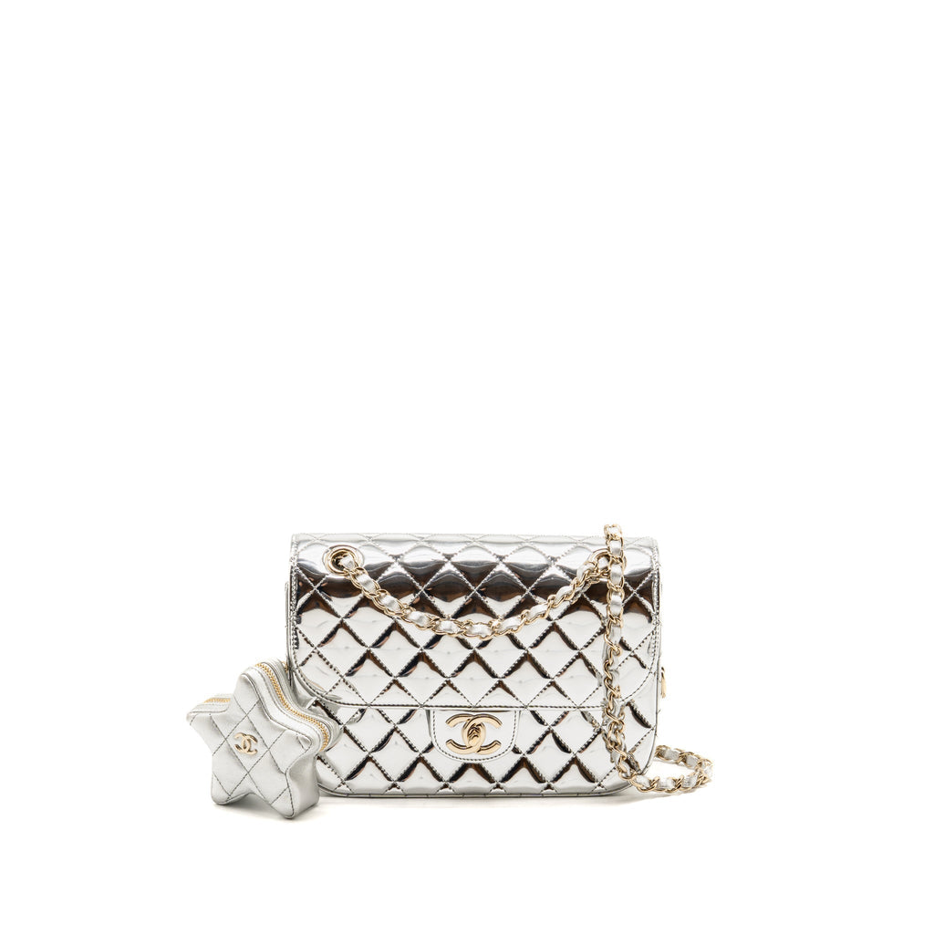 Chanel 24C Small Hollywood Boulevard Flap Bag with Star Coin Purse Patent/Calfskin Metallic Silver LGHW (Microchip)