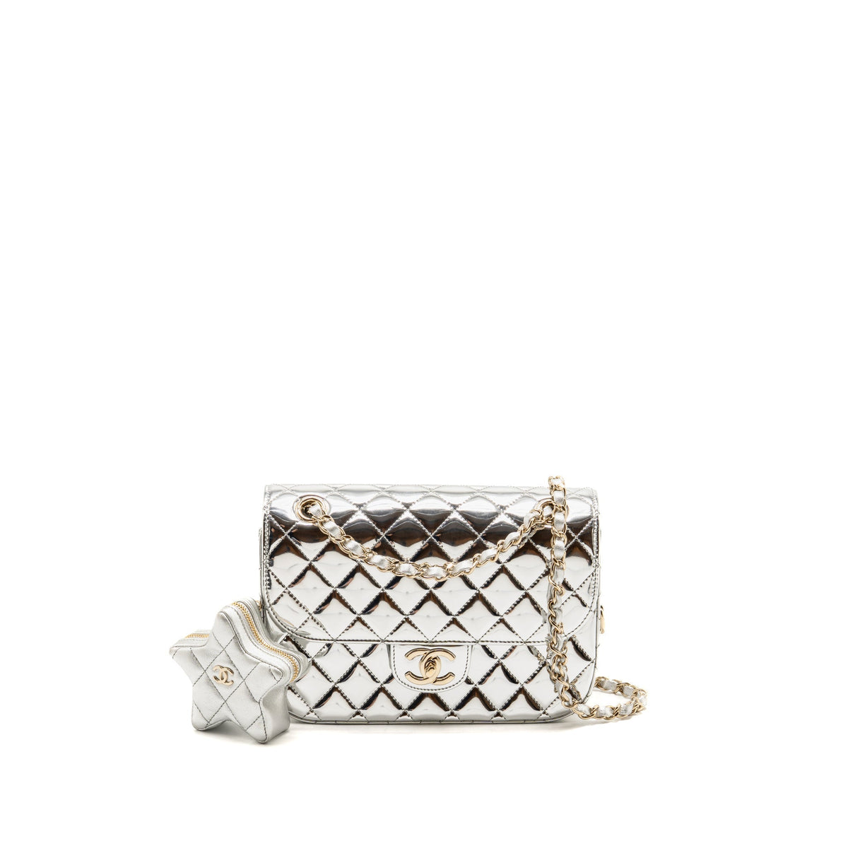 Chanel 24C Small Hollywood Boulevard Flap Bag with Star Coin Purse Patent/Calfskin Metallic Silver LGHW (Microchip)