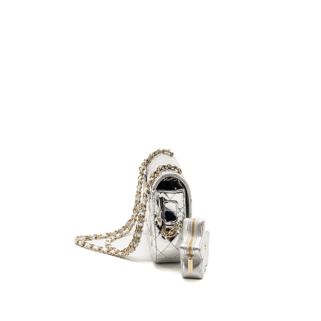 Chanel 24C Small Hollywood Boulevard Flap Bag with Star Coin Purse Patent/Calfskin Metallic Silver LGHW (Microchip)