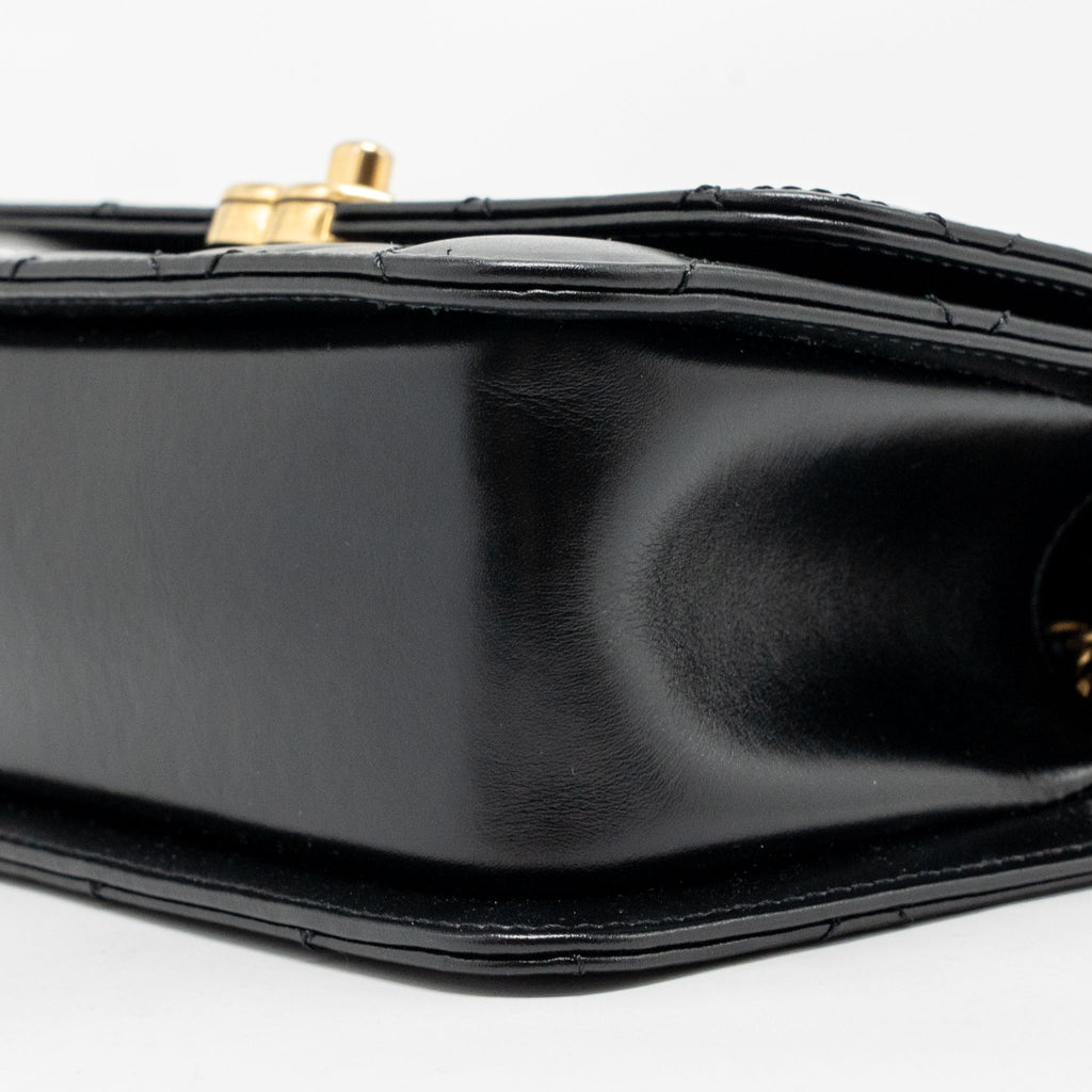 CHANEL GOLD CRUSH MINI FLAP BAG SHINY CALFSKIN BLACK GHW (MICROCHIP)