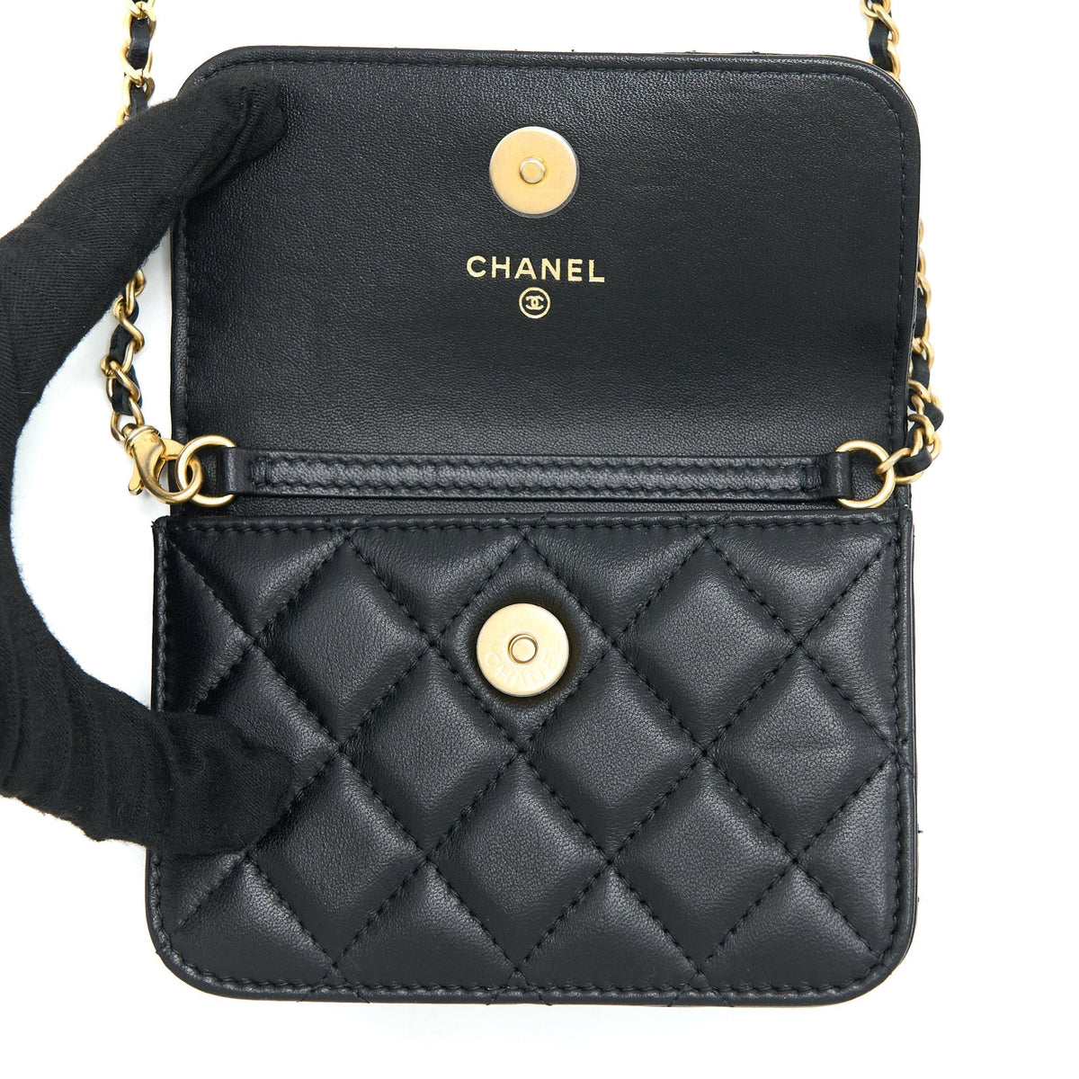 CHANEL PEARL CRUSH MINI FLAP BELT BAG WITH CHAIN LAMBSKIN BLACK BRUSHED GHW