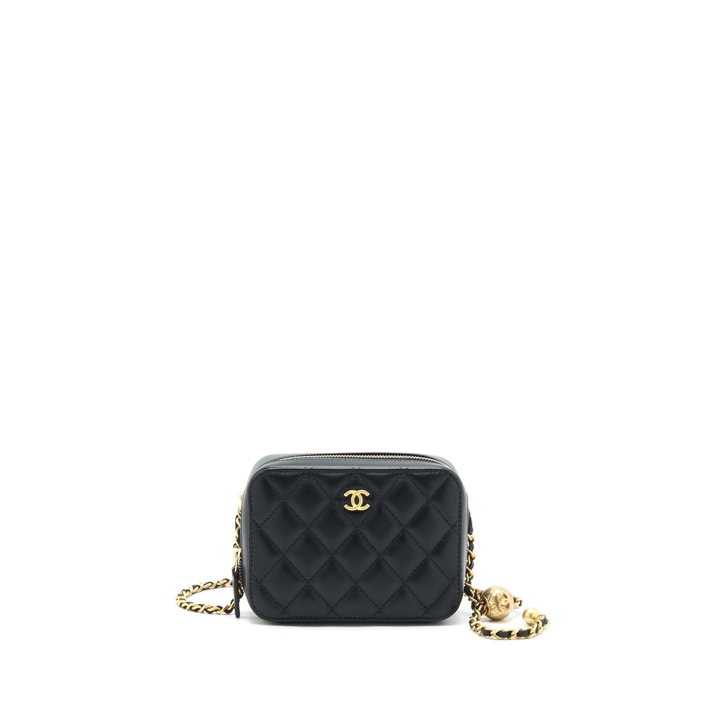 CHANEL PEARL CRUSH MINI CAMERA CASE WITH CHAIN LAMBSKIN BLACK GHW