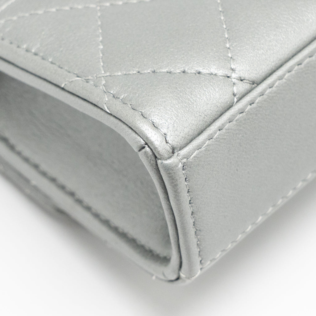 CHANEL TOP HANDLE MINI FLAP BAG WITH CHAIN LAMBSKIN SILVER SHW (MICROCHIP)
