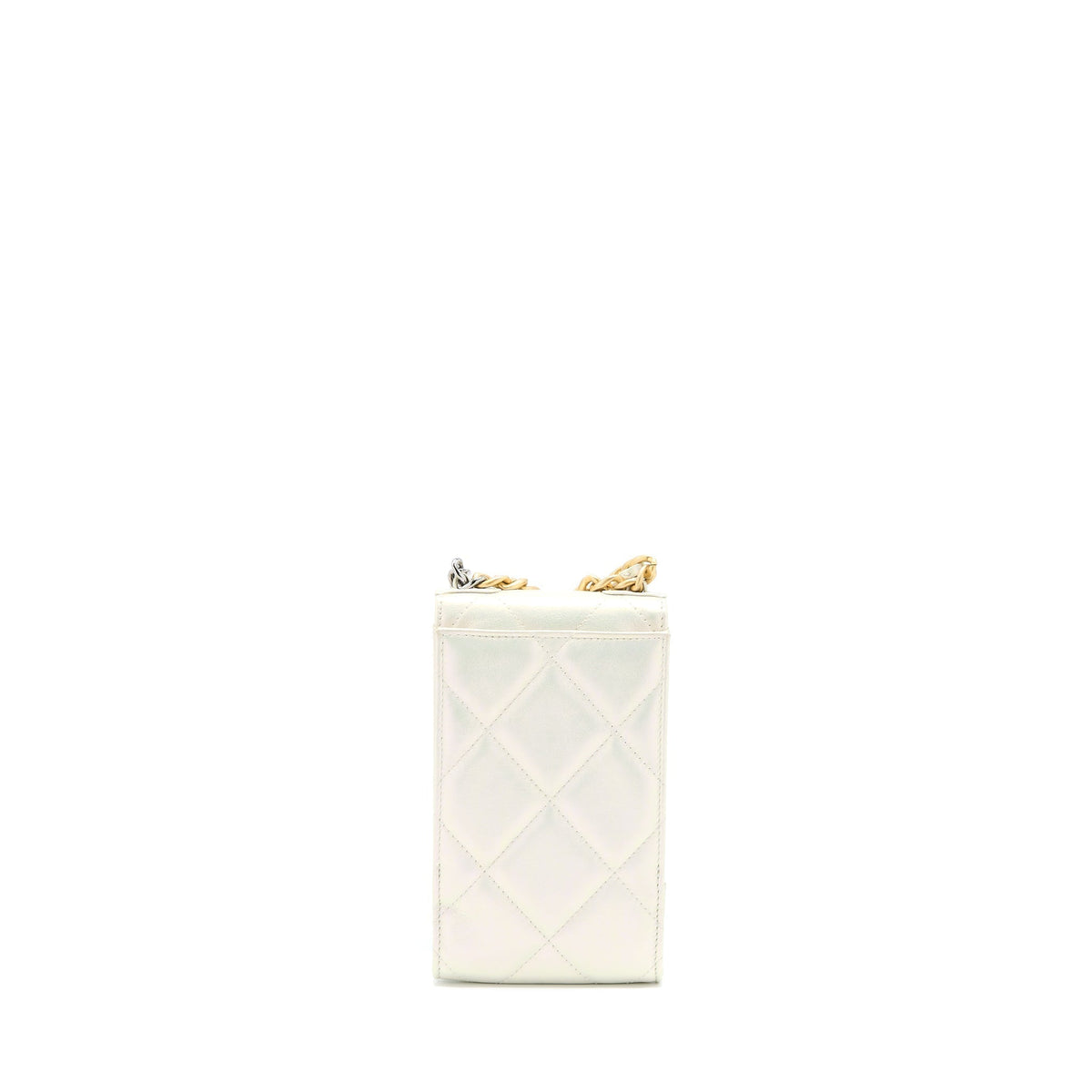 CHANEL 19 PHONE POUCH WITH CHAIN IRIDESCENT WHITE GHW