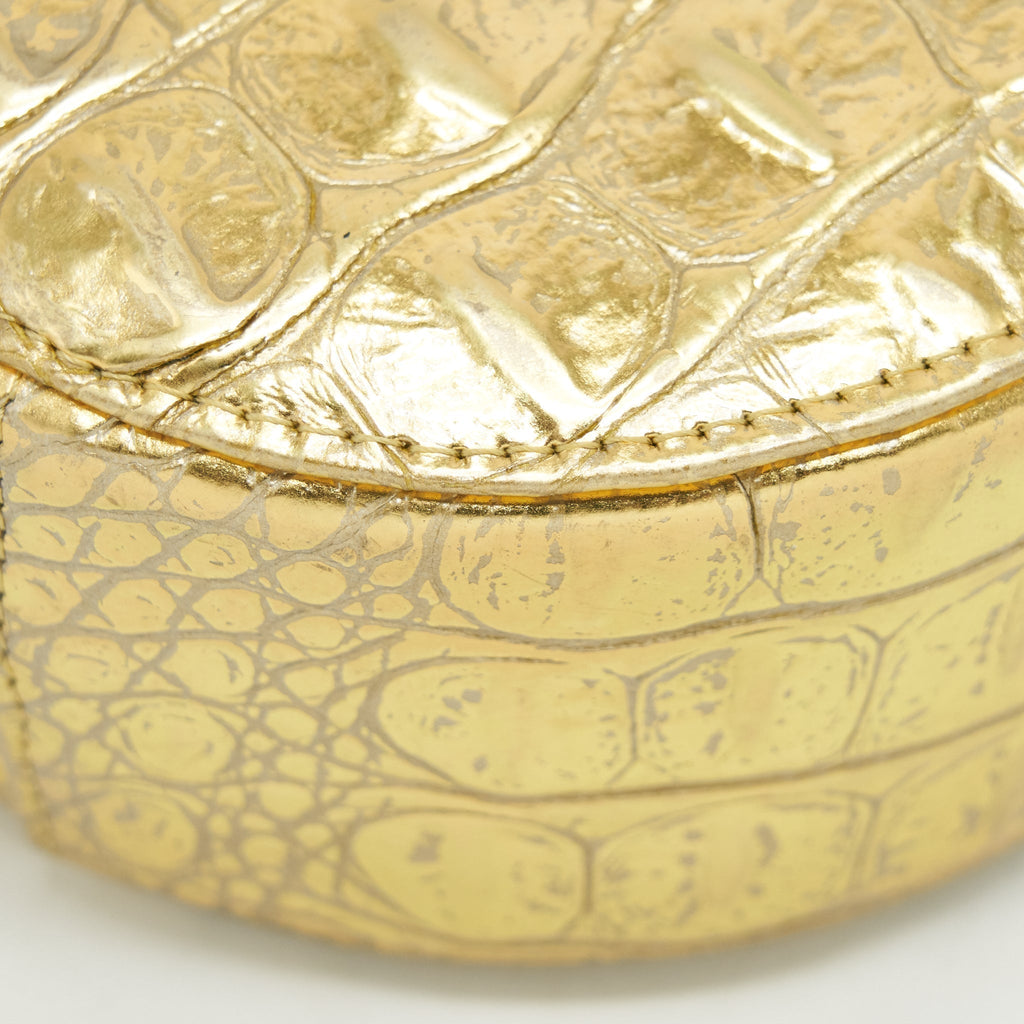 CHANEL MINI ROUND VANITY WITH CHAIN CROC EMBOSSED LEATHER GOLD GHW