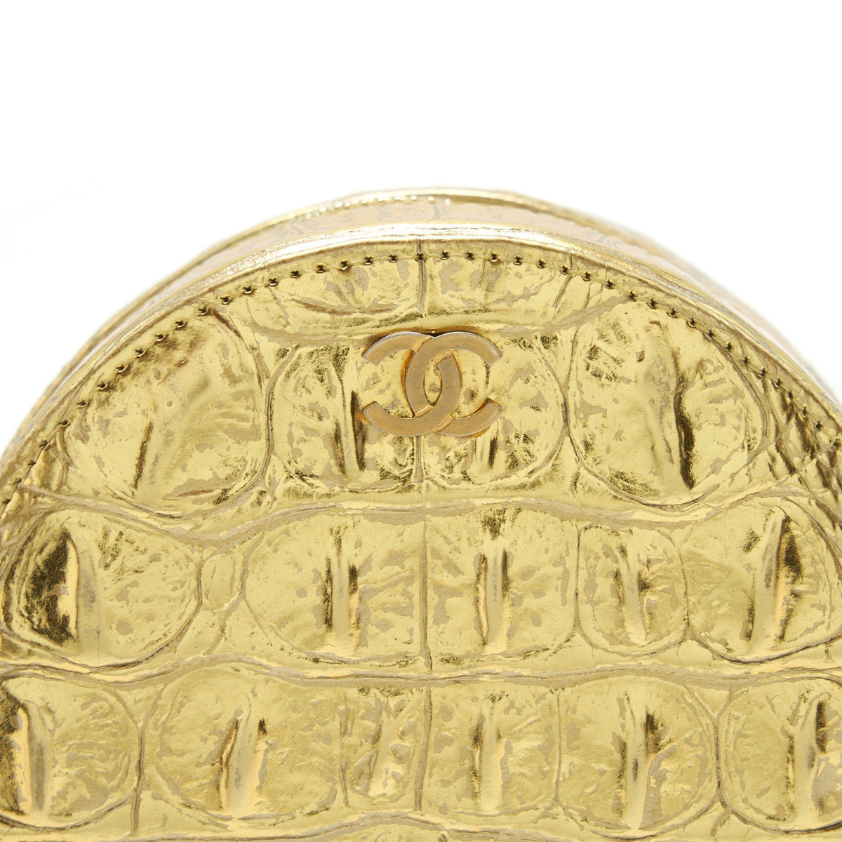 CHANEL MINI ROUND VANITY WITH CHAIN CROC EMBOSSED LEATHER GOLD GHW