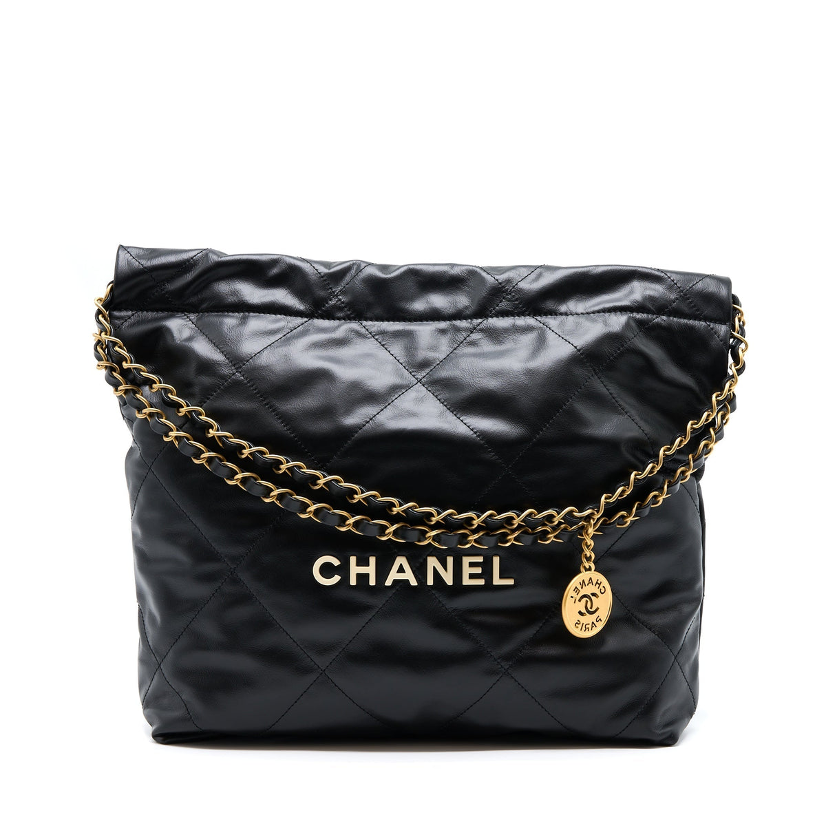 CHANEL SMALL 22 BAG WHITE LETTER SHINY CALFSKIN GHW (MICROCHIP)