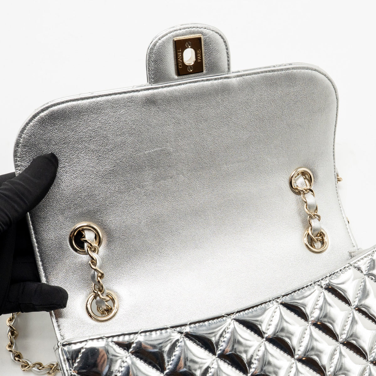 Chanel 24C Small Hollywood Boulevard Flap Bag with Star Coin Purse Patent/Calfskin Metallic Silver LGHW (Microchip)