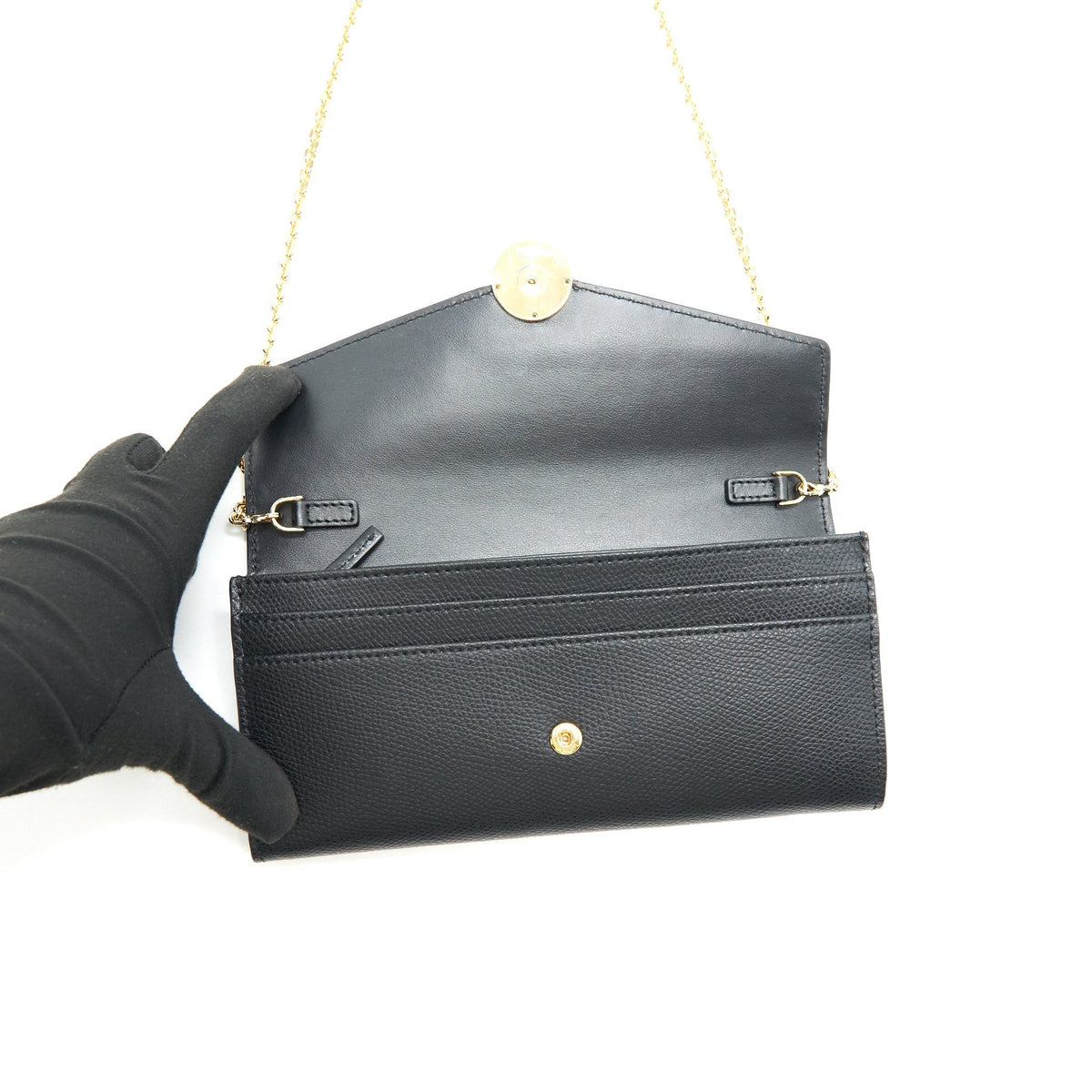 FENDI GRAINED CALFSKIN WALLET WITH CHAIN BLACK GHW