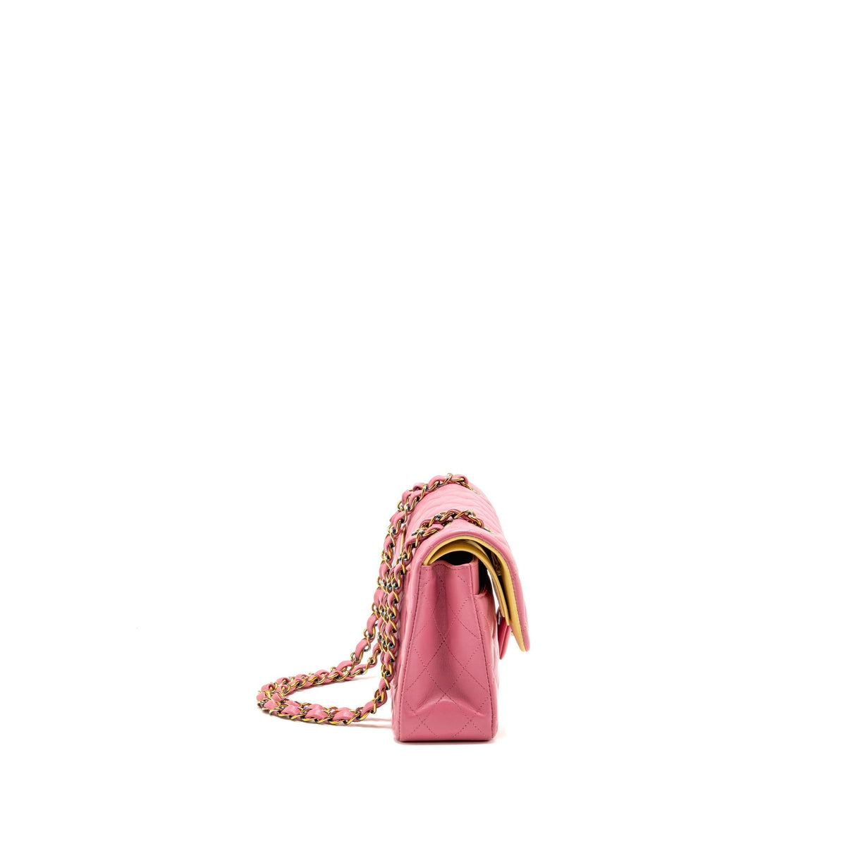 Chanel small classic double flap bag lambskin pink/yellow with iridescent pink hardware