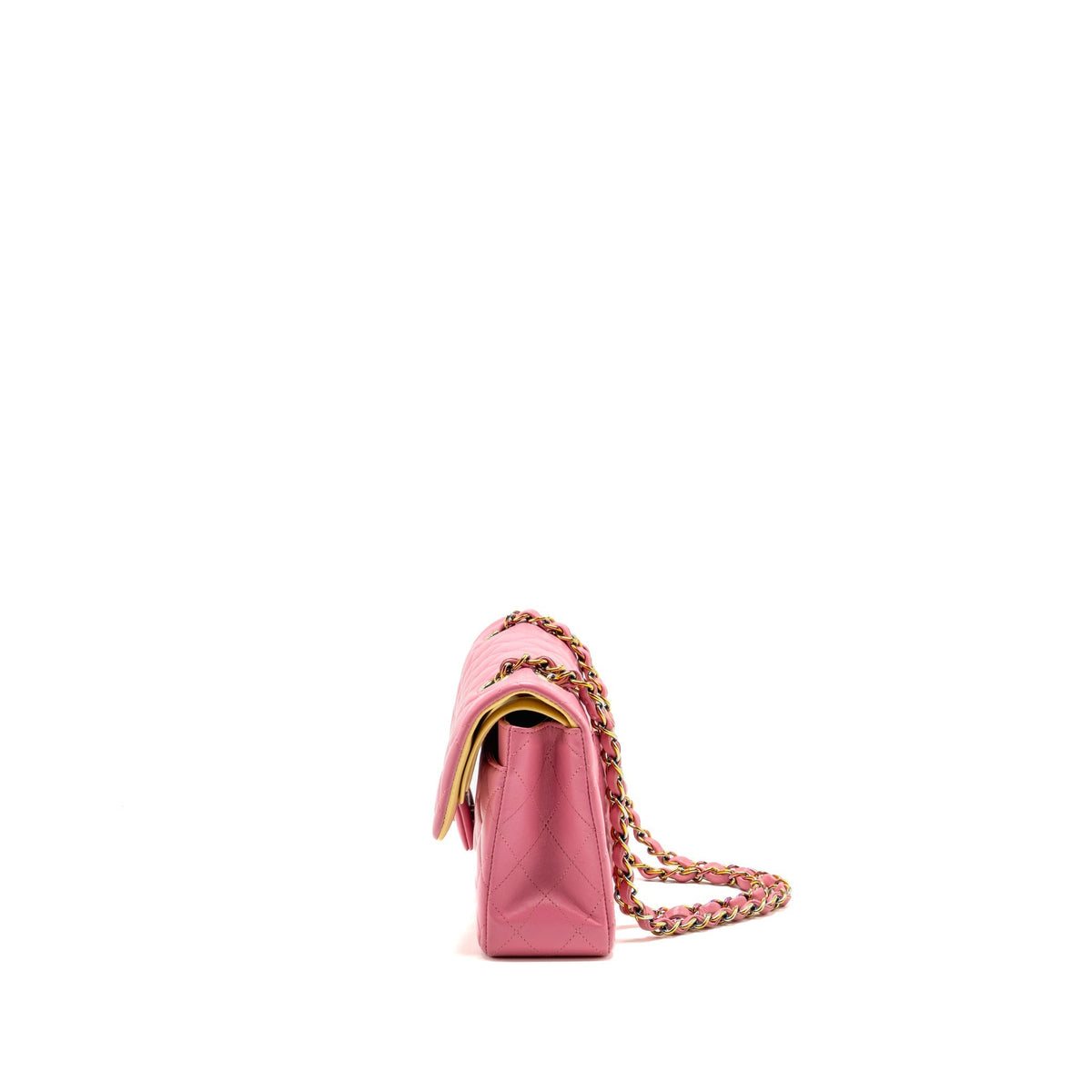 Chanel small classic double flap bag lambskin pink/yellow with iridescent pink hardware