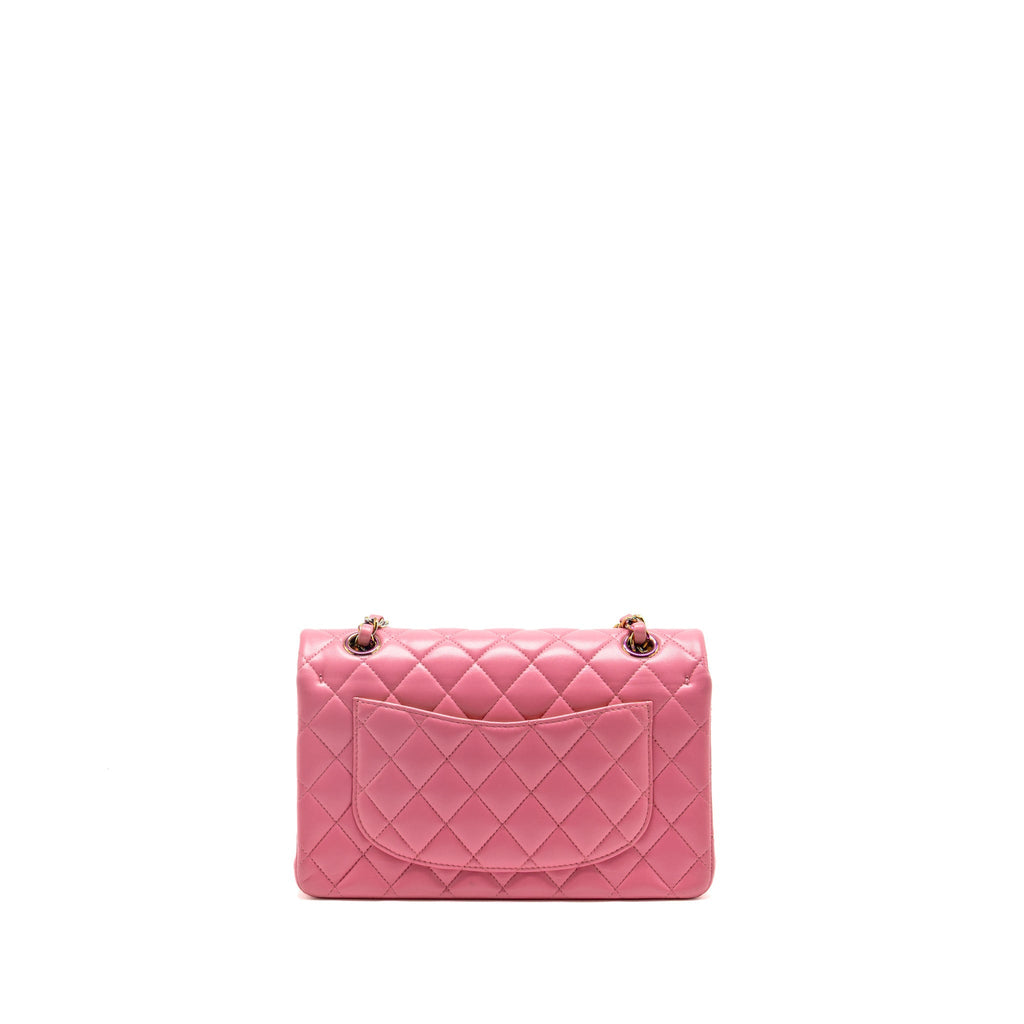 Chanel small classic double flap bag lambskin pink/yellow with iridescent pink hardware