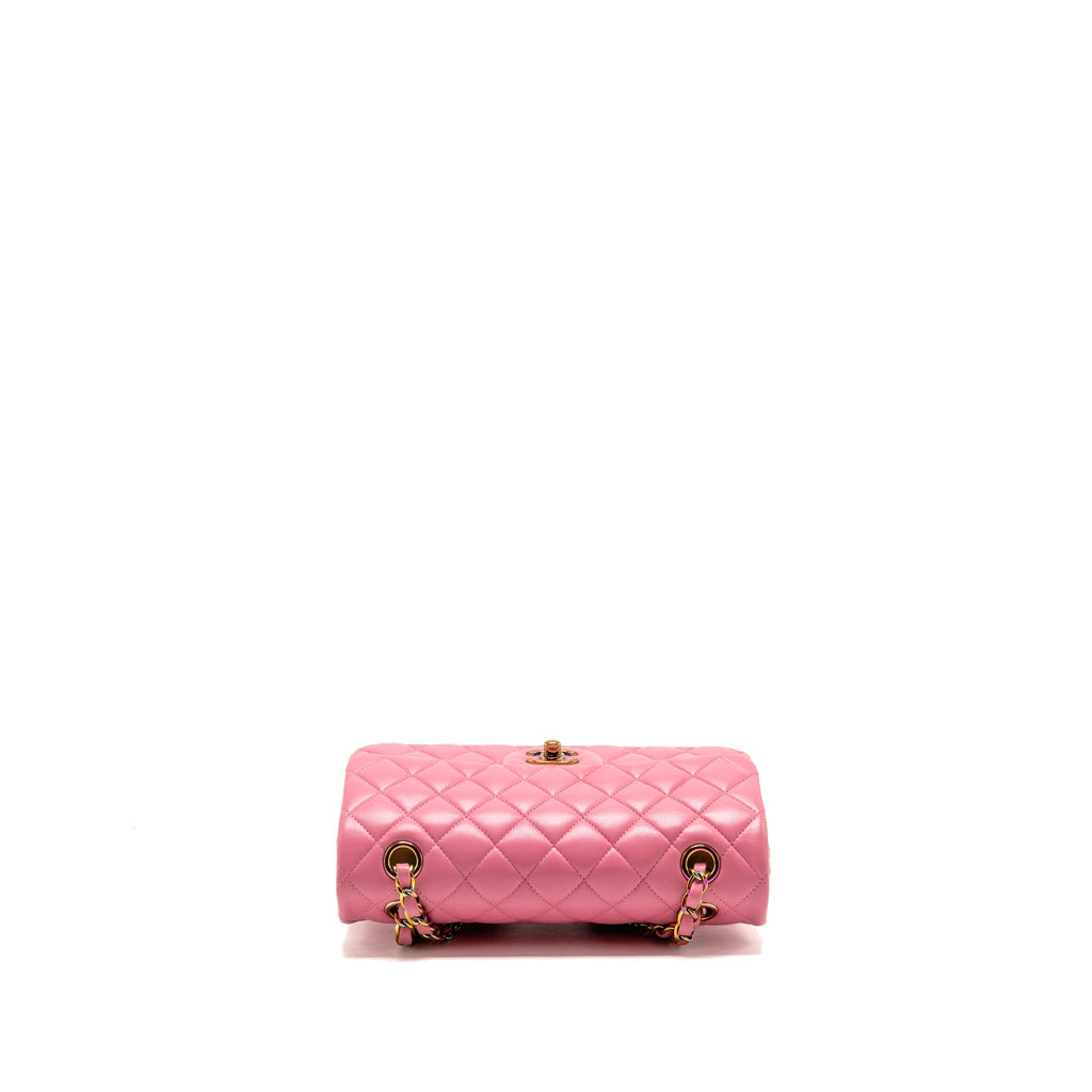 Chanel small classic double flap bag lambskin pink/yellow with iridescent pink hardware