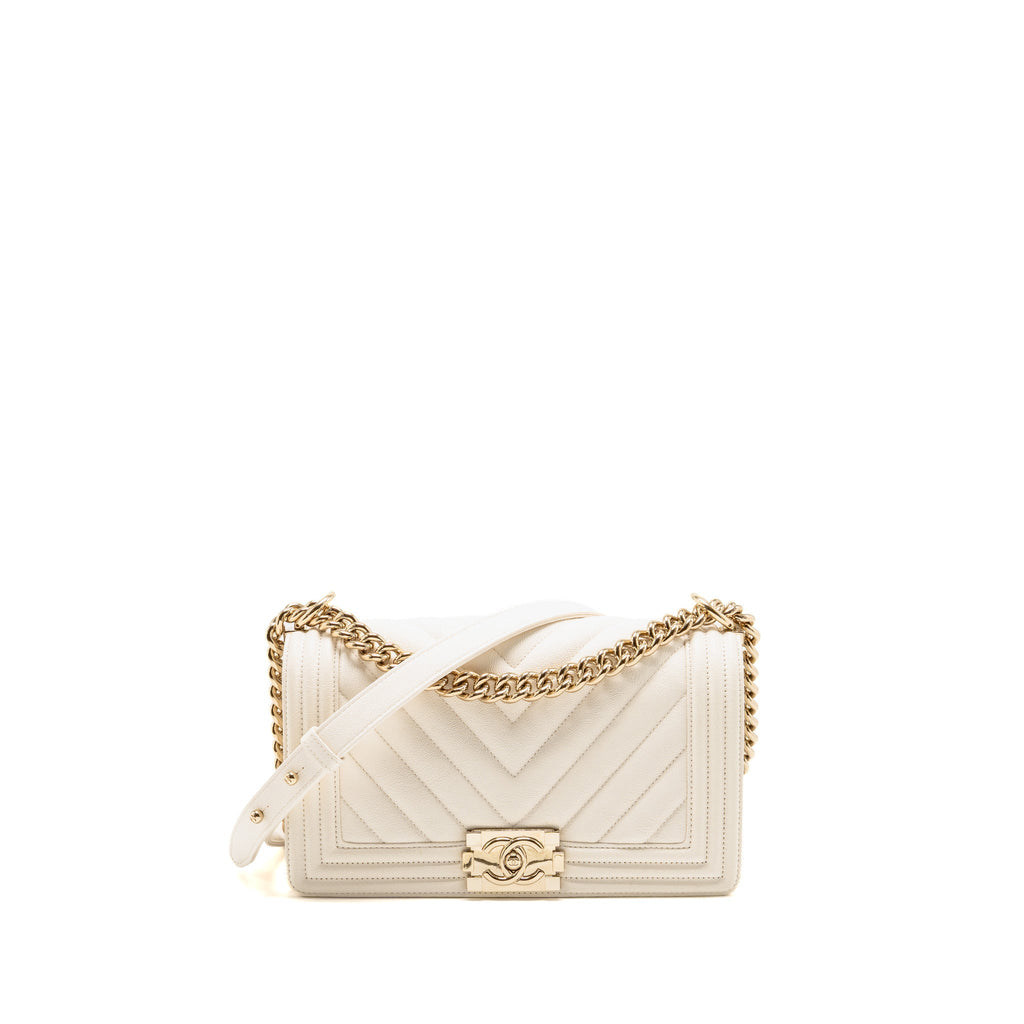 Chanel Medium Boy Bag Chevron Grained Calfskin White LGHW