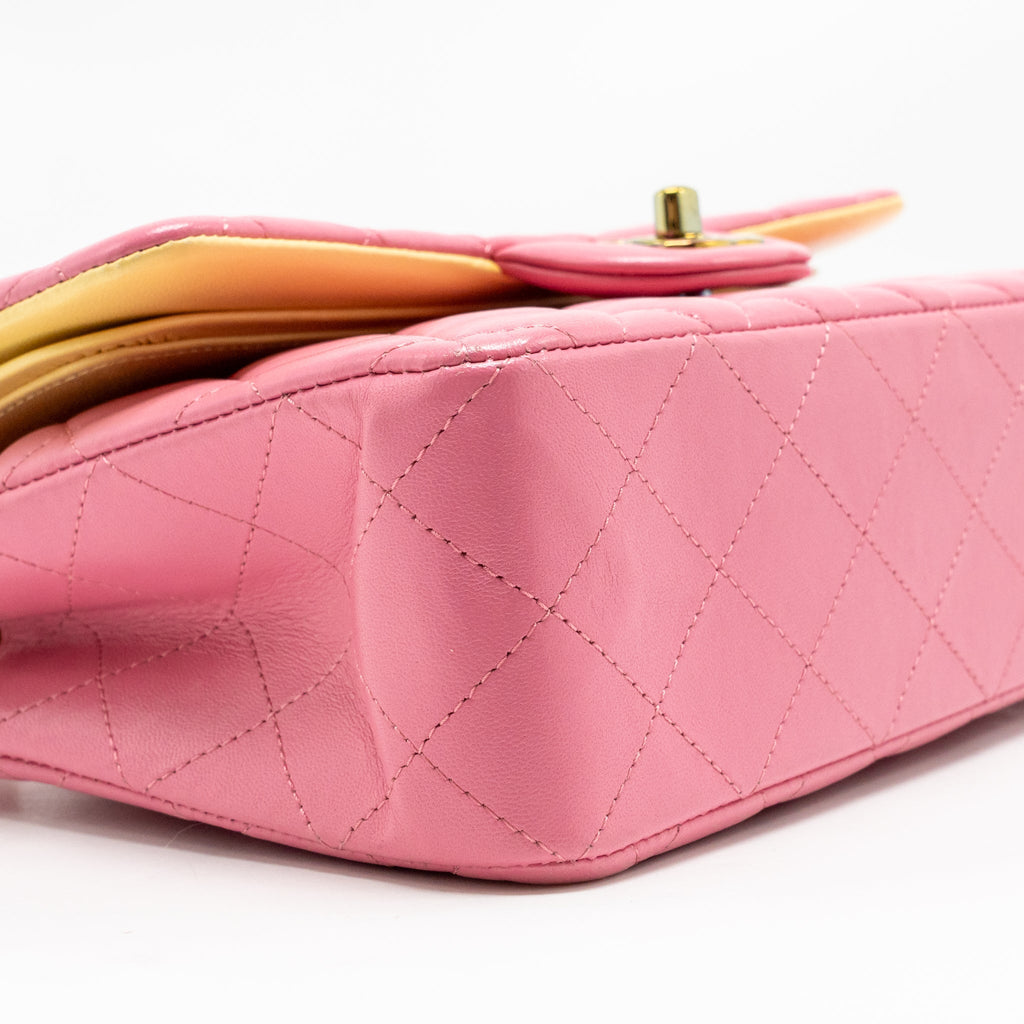 Chanel small classic double flap bag lambskin pink/yellow with iridescent pink hardware
