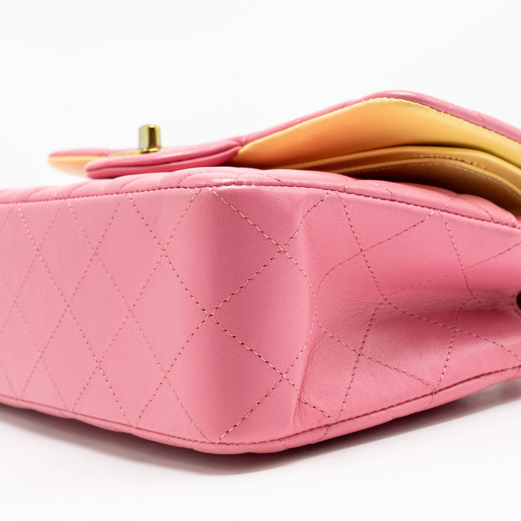 Chanel small classic double flap bag lambskin pink/yellow with iridescent pink hardware