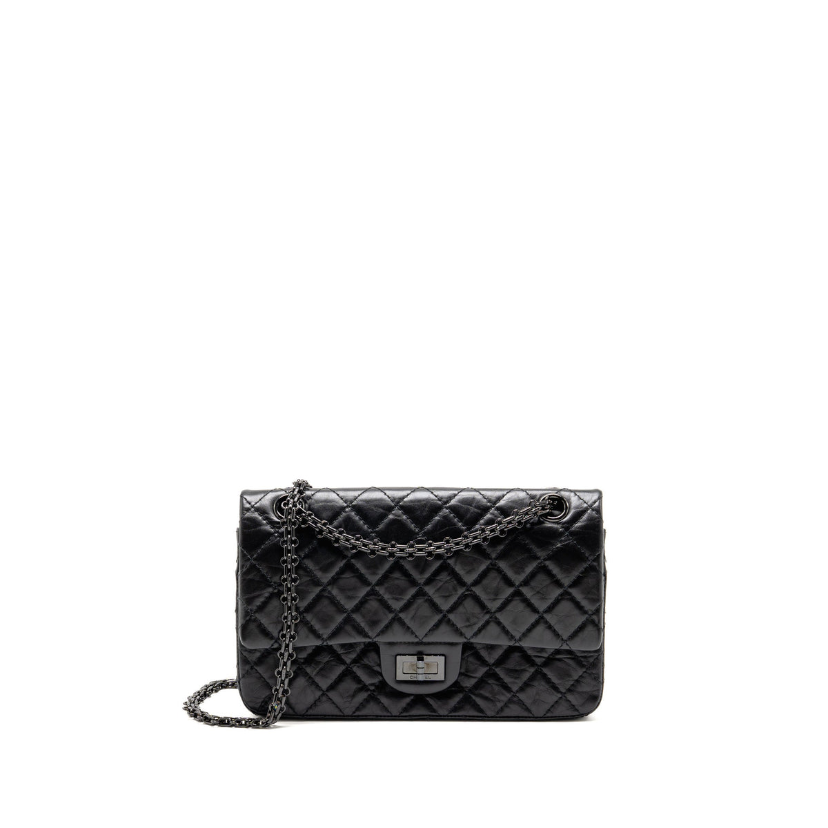CHANEL SMALL 2.55 REISSUE DOUBLE FLAP BAG AGED CALFSKIN SO BLACK