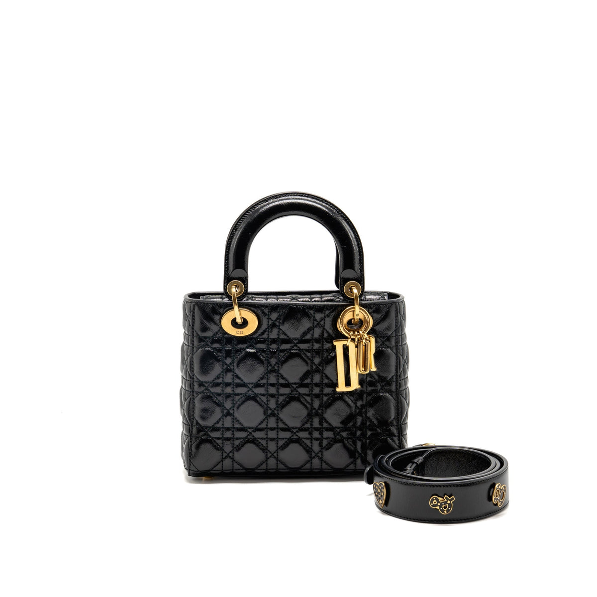 Dior small lady dior crinkled patent calfskin black ruthenium gold hardware