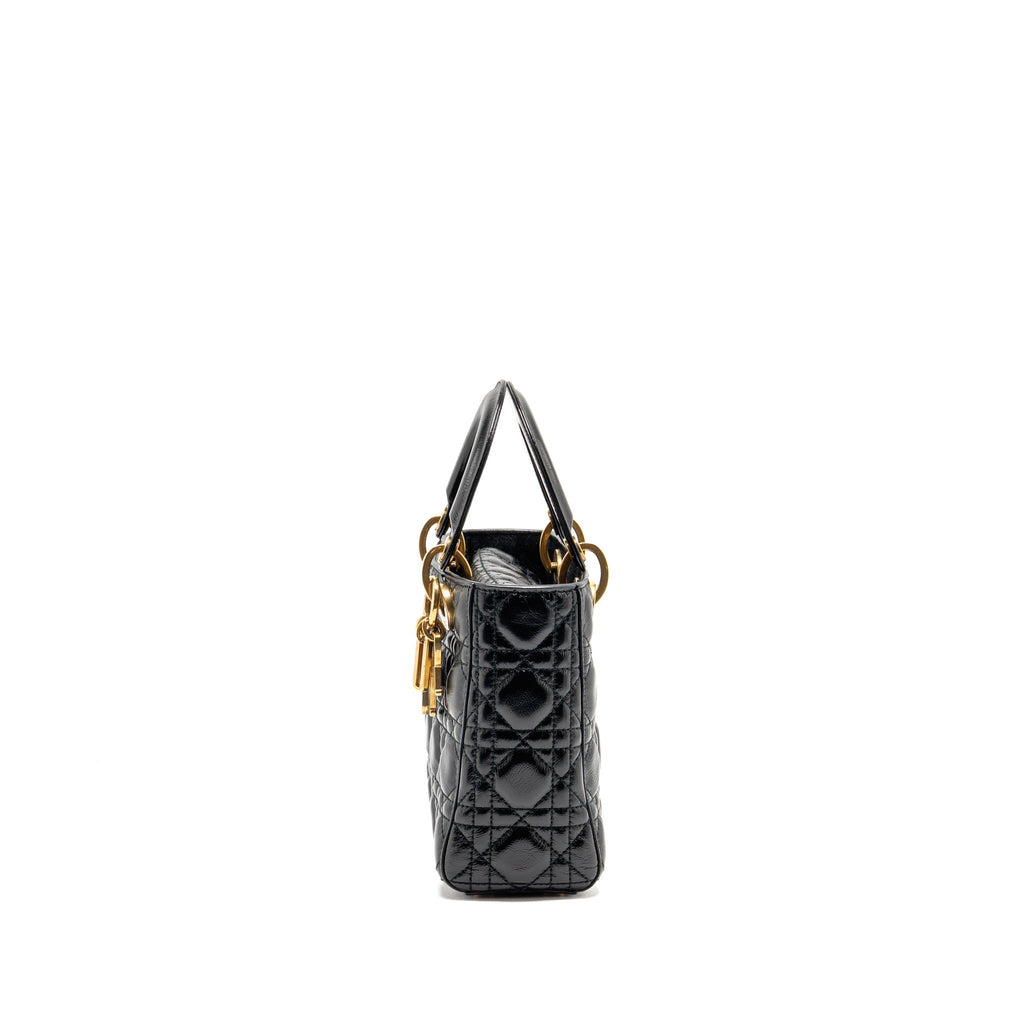 Dior small lady dior crinkled patent calfskin black ruthenium gold hardware