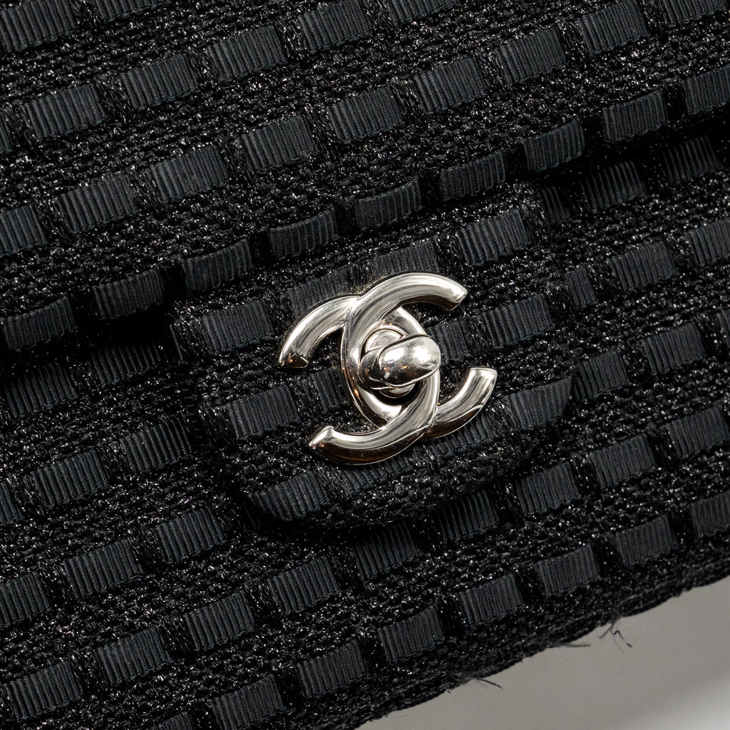 CHANEL MEDIUM CLASSIC DOUBLE FLAP BAG TWEED BLACK SHW