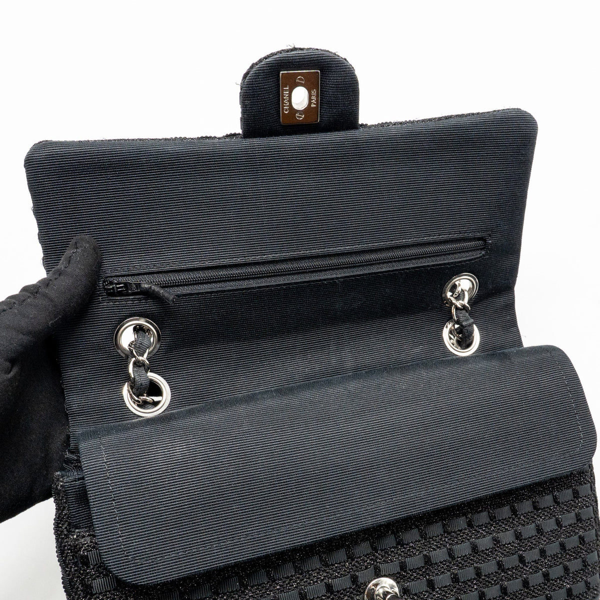 CHANEL MEDIUM CLASSIC DOUBLE FLAP BAG TWEED BLACK SHW