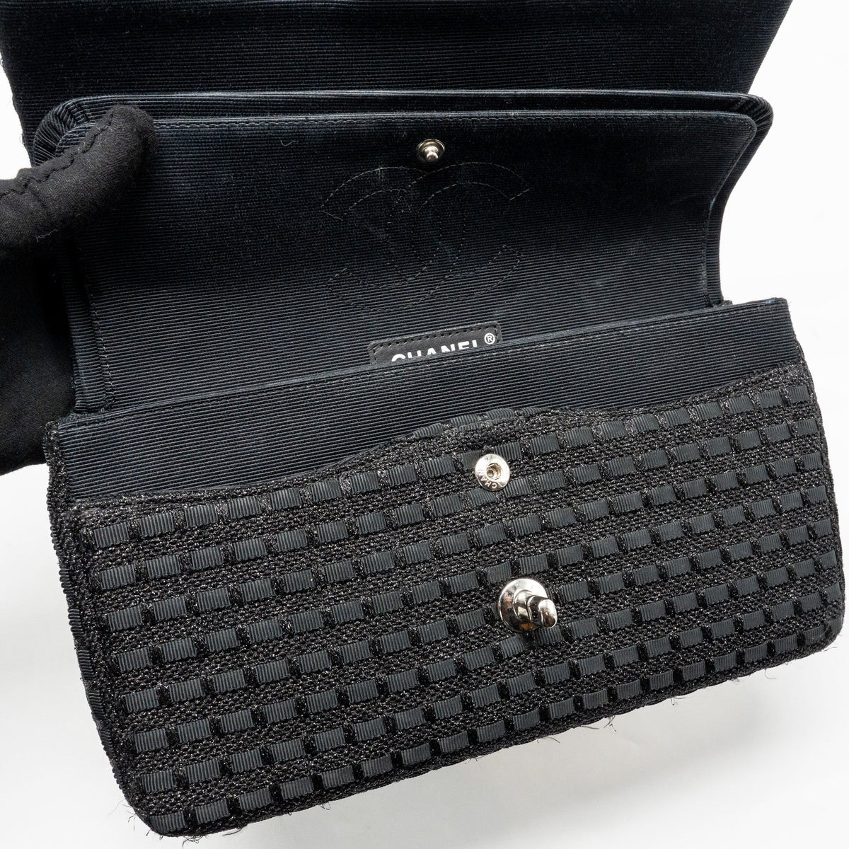CHANEL MEDIUM CLASSIC DOUBLE FLAP BAG TWEED BLACK SHW
