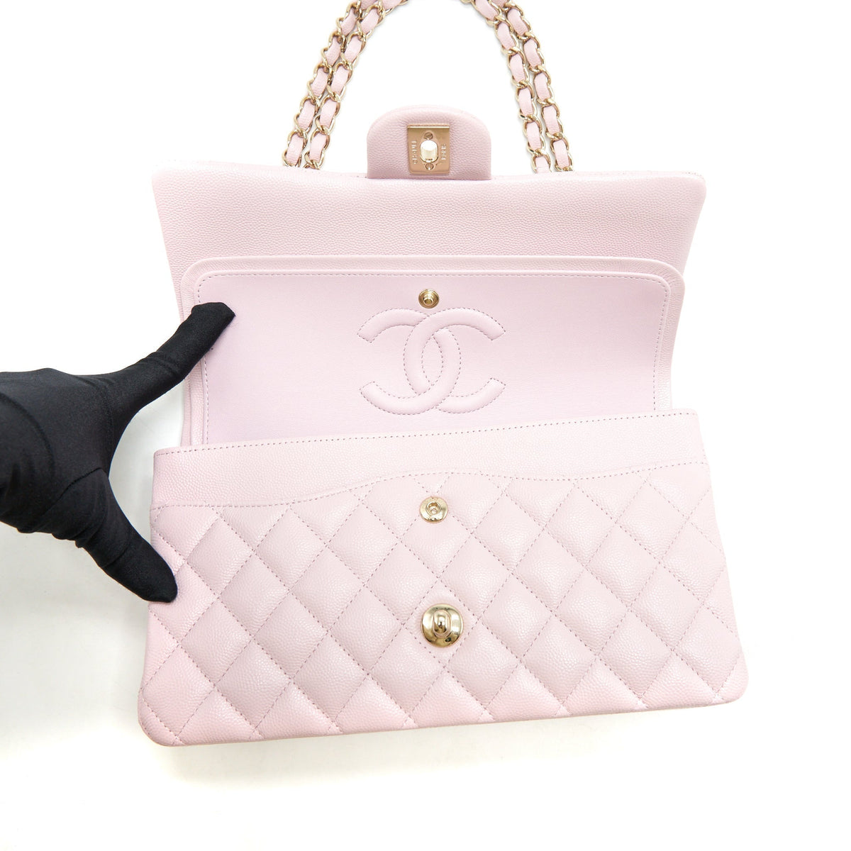 CHANEL MEDIUM CLASSIC DOUBLE FLAP BAG 21S CAVIAR LIGHT PINK LGHW