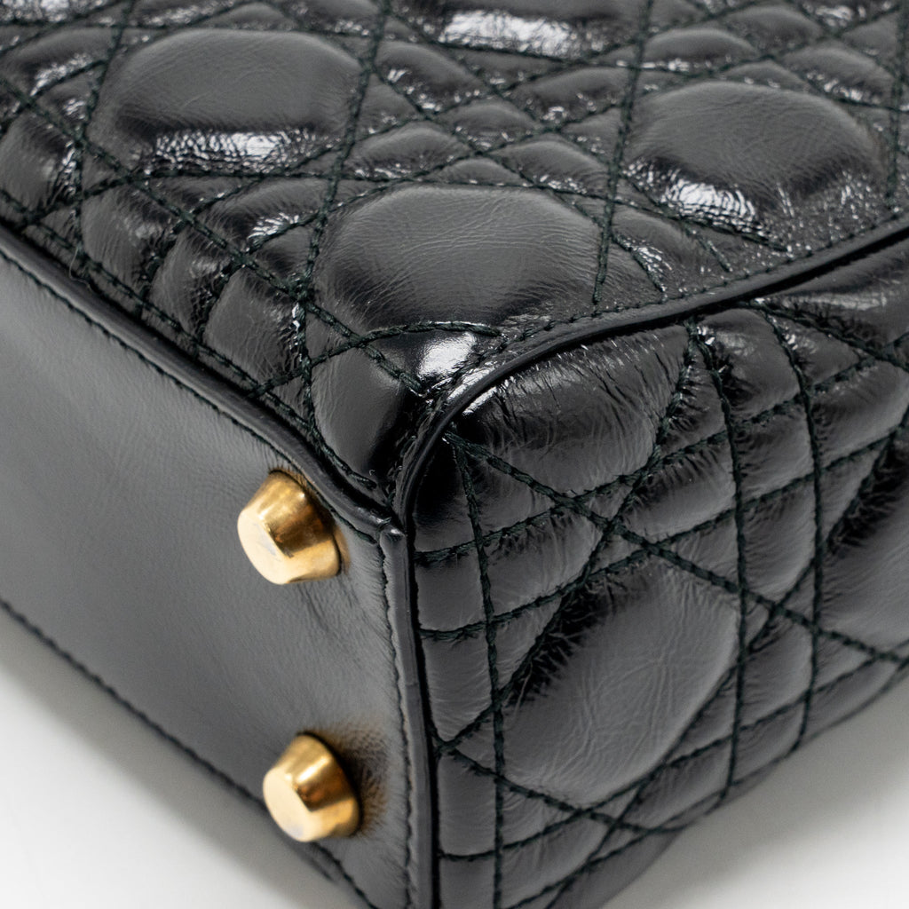 Dior small lady dior crinkled patent calfskin black ruthenium gold hardware