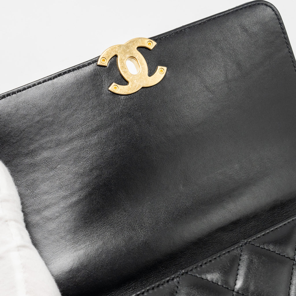 CHANEL GOLD CRUSH FLAP BAG CALFSKIN BLACK GHW (MICROCHIP)