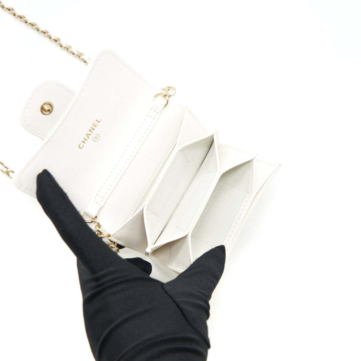 CHANEL 21B CARD HOLDER ON CHAIN CAVIAR WHITE LGHW