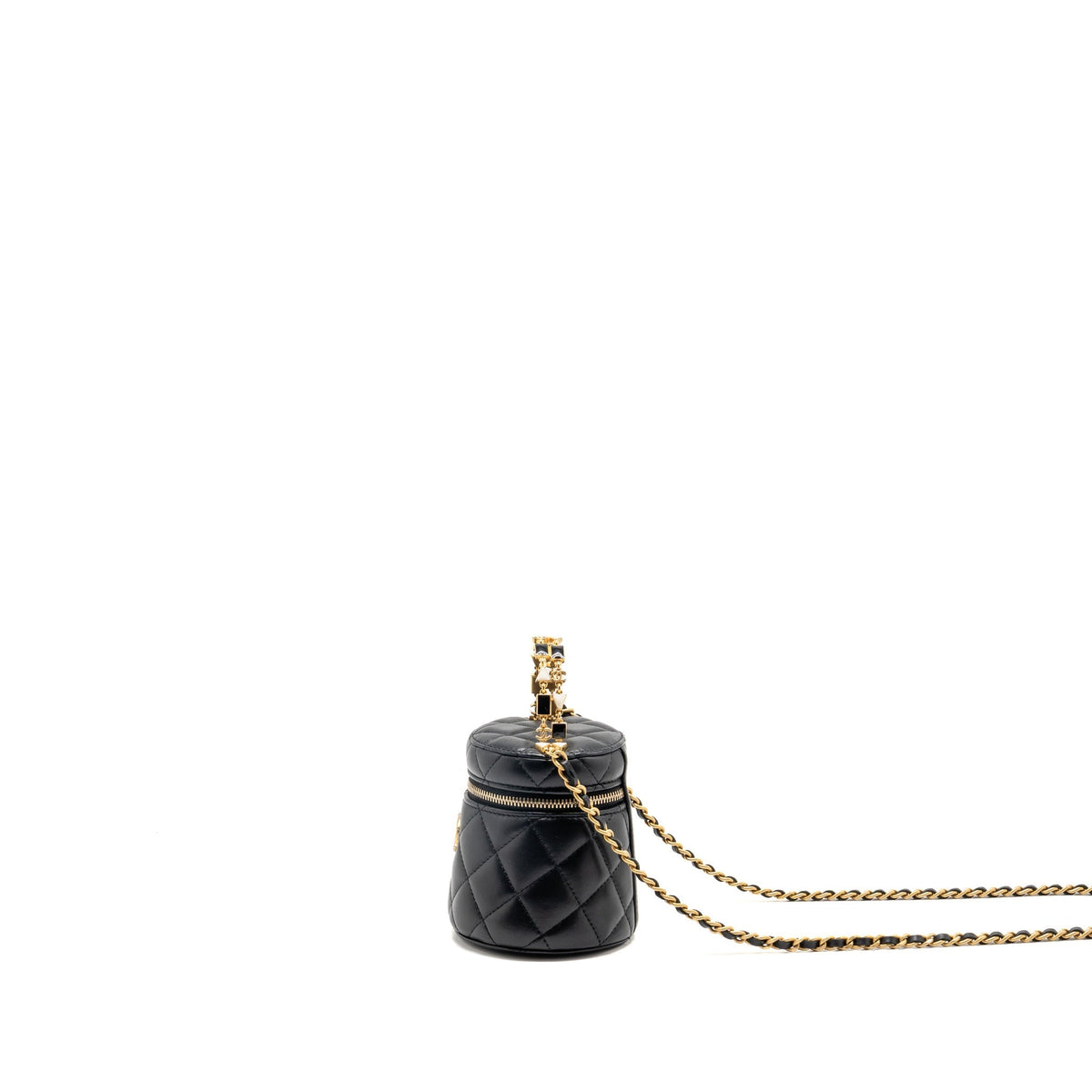 Chanel enamel top handle mini round vanity with chain lambskin black GHW (microchip)