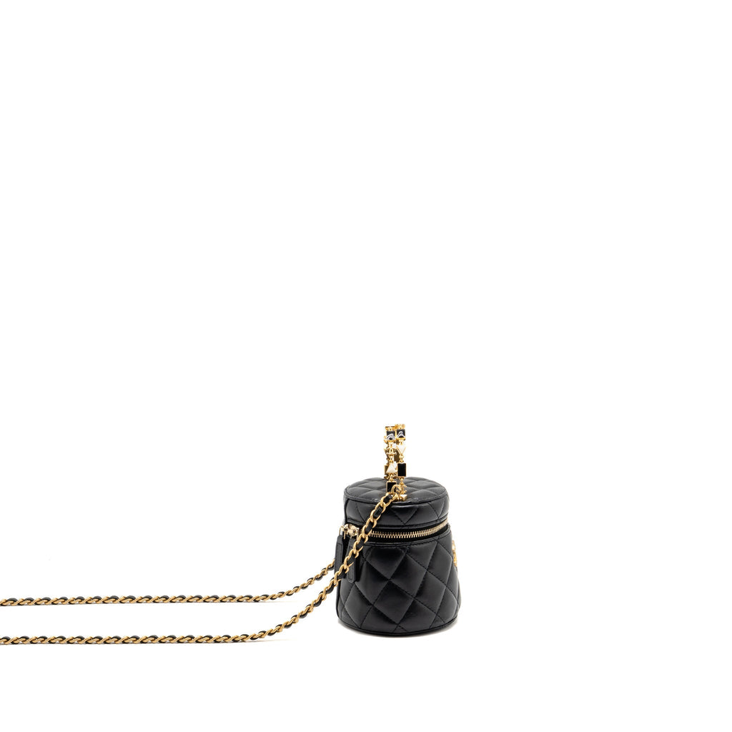 Chanel enamel top handle mini round vanity with chain lambskin black GHW (microchip)