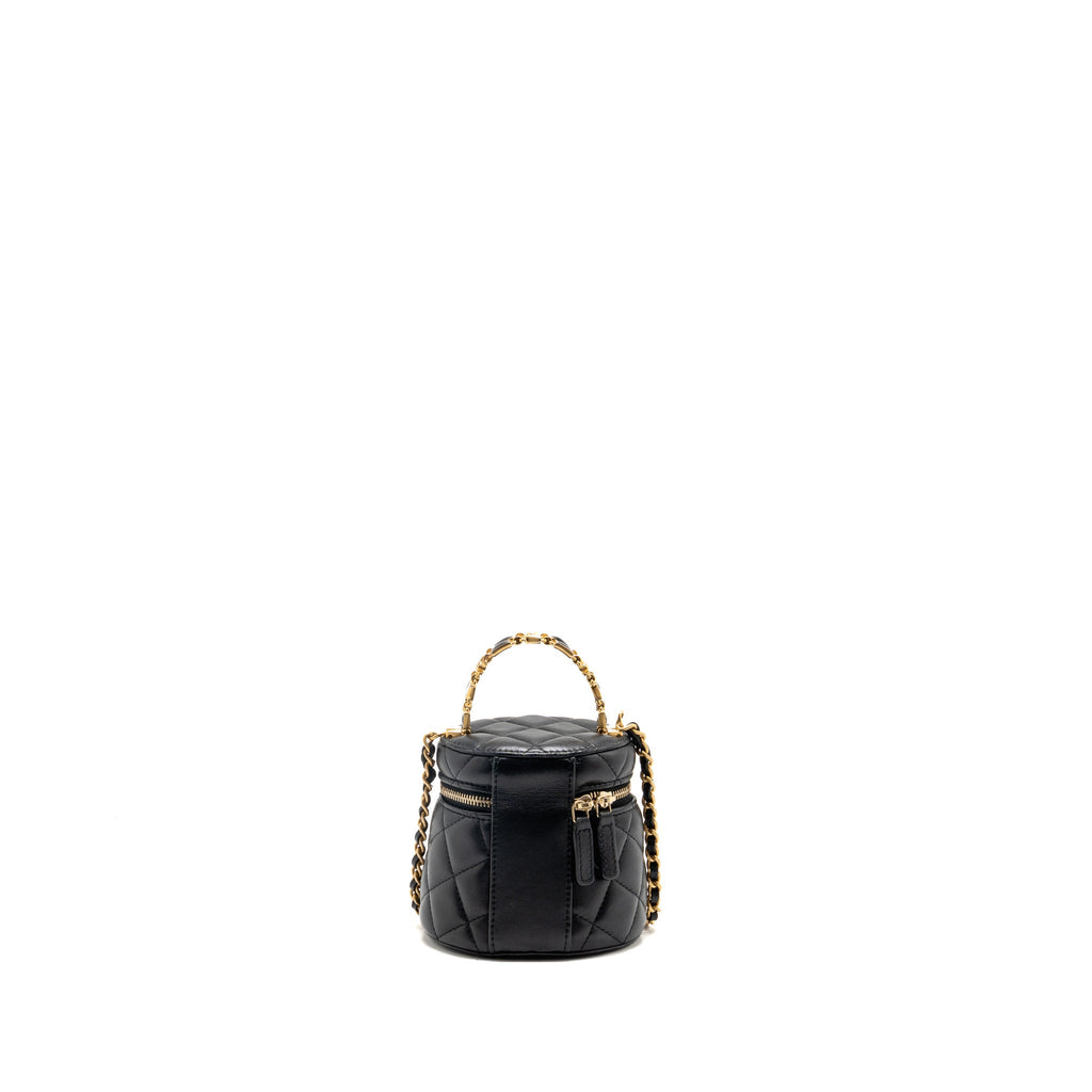 Chanel enamel top handle mini round vanity with chain lambskin black GHW (microchip)