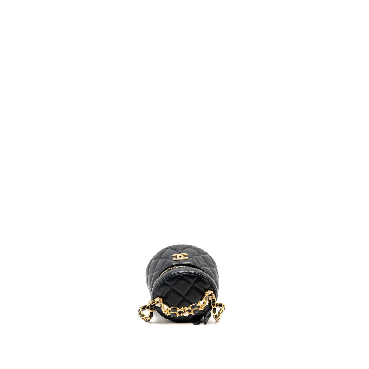 Chanel enamel top handle mini round vanity with chain lambskin black GHW (microchip)