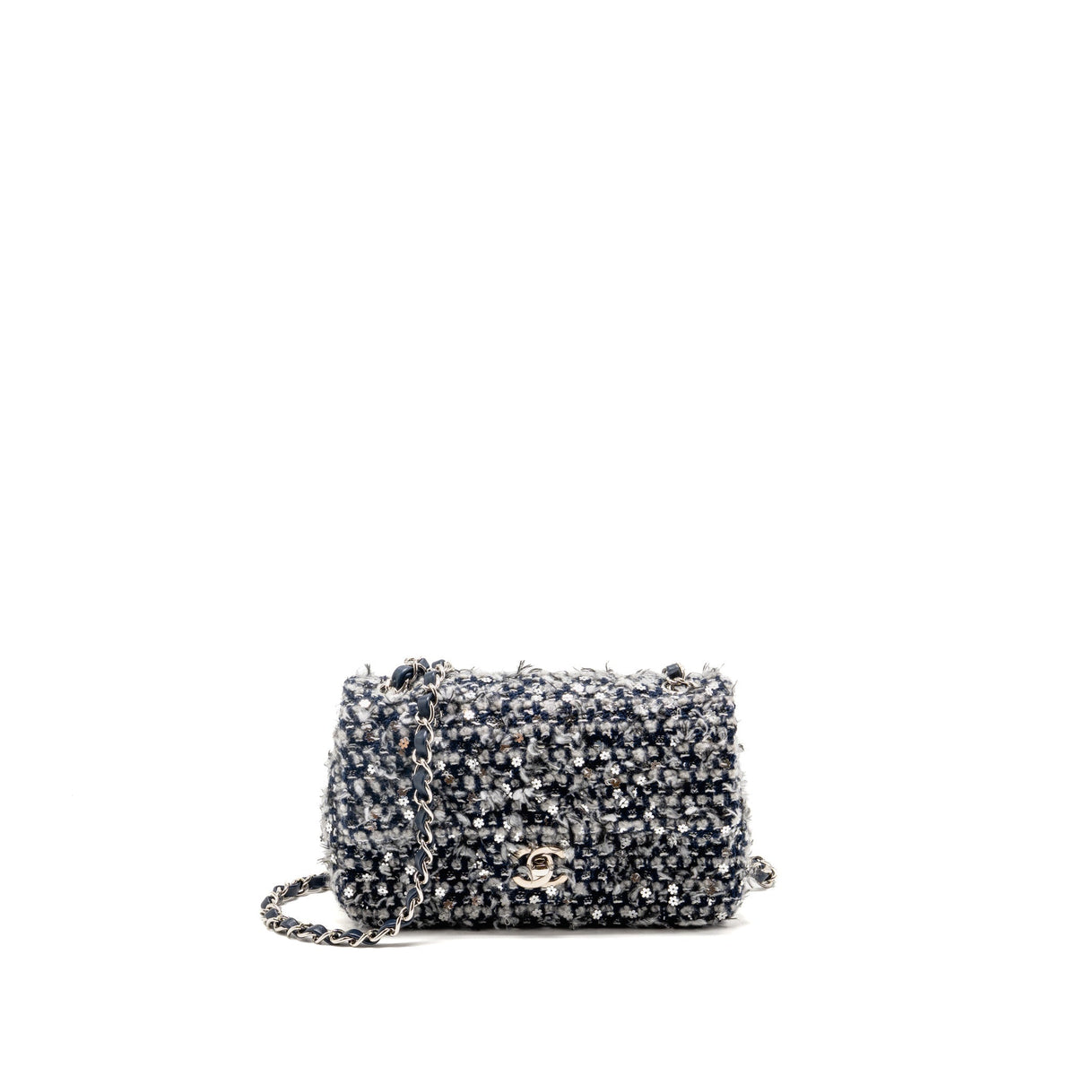 Chanel classic mini rectangular flap bag tweed/flower sequins navy/multicolour SHW (microchip)