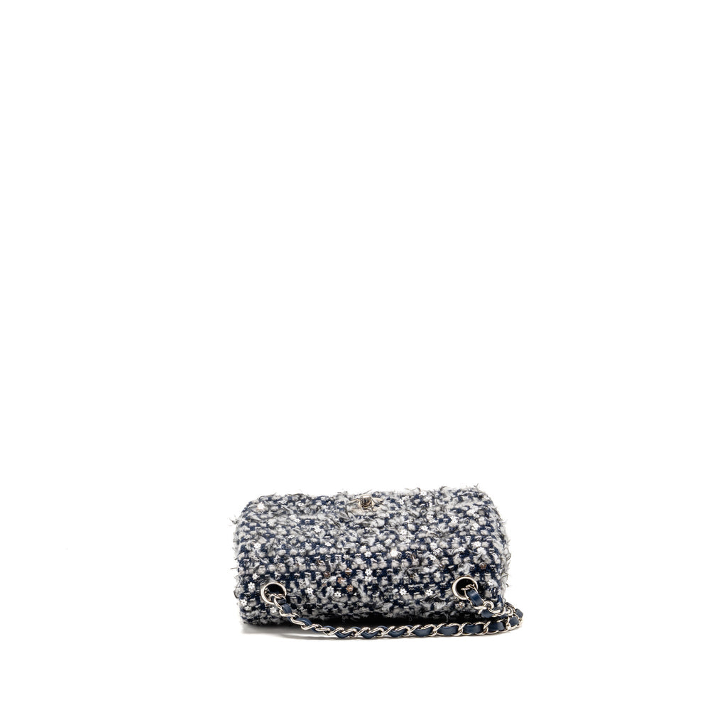 Chanel classic mini rectangular flap bag tweed/flower sequins navy/multicolour SHW (microchip)