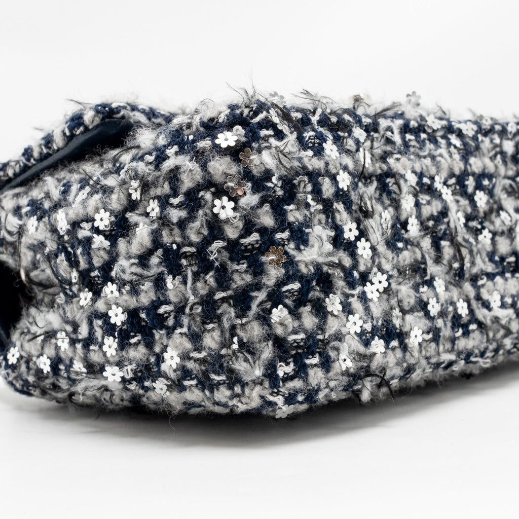 Chanel classic mini rectangular flap bag tweed/flower sequins navy/multicolour SHW (microchip)