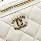 CHANEL 23K CAMELLIA TOP HANDLE LONG VANITY CASE WITH CHAIN CALFSKIN WHITE LGHW (MICROCHIP)