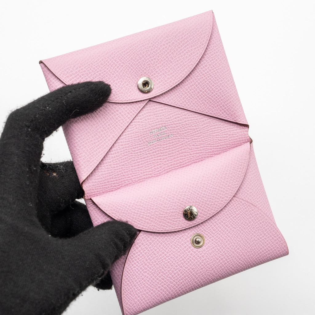 Hermes calvi duo card holder epsom leather mauve Sylvestre SHW