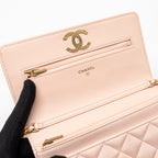 CHANEL CAMELLIA TURNLOCK WALLET ON CHAIN CAVIAR LIGHT PINK GHW (MICROCHIP)