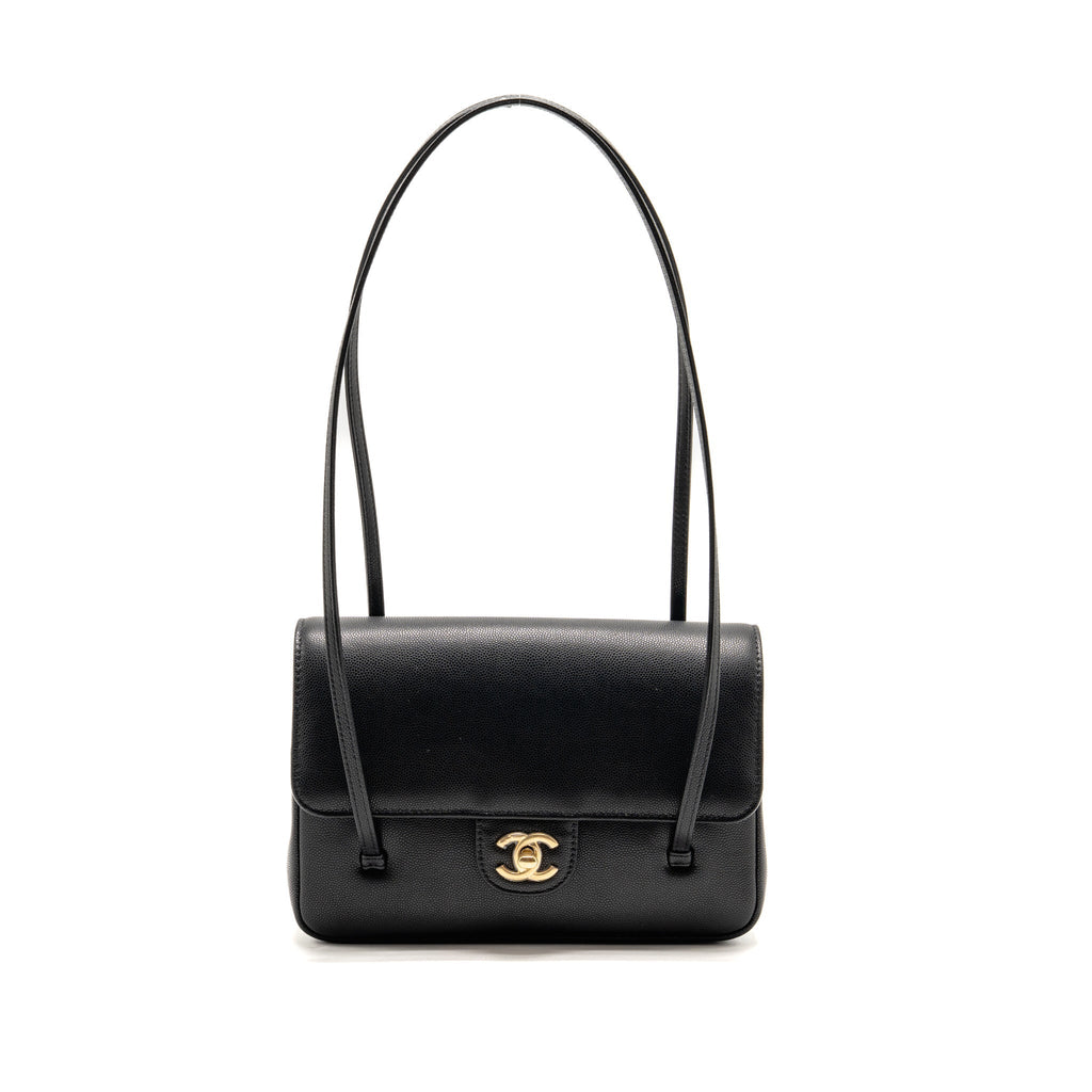 Chanel Small Preppy Coco Shoulder Flap Bag Grained Shiny Calfskin Black GHW (Microchip)