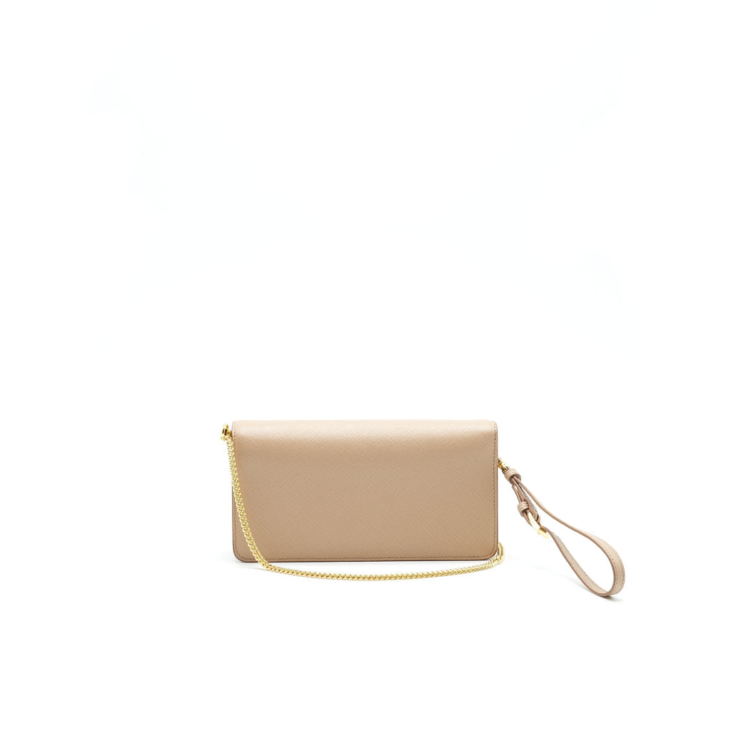 PRADA GIADA SAFFIANO LEATHER WALLET ON CHAIN BEIGE