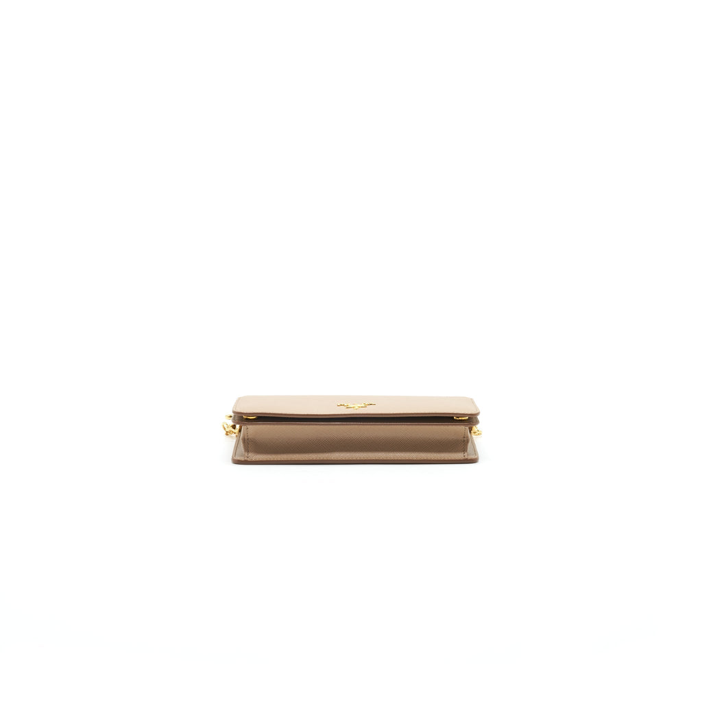 PRADA GIADA SAFFIANO LEATHER WALLET ON CHAIN BEIGE