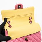 Chanel small classic double flap bag lambskin pink/yellow with iridescent pink hardware