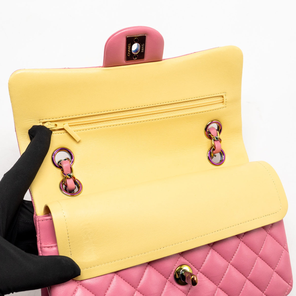 Chanel small classic double flap bag lambskin pink/yellow with iridescent pink hardware
