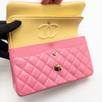 Chanel small classic double flap bag lambskin pink/yellow with iridescent pink hardware