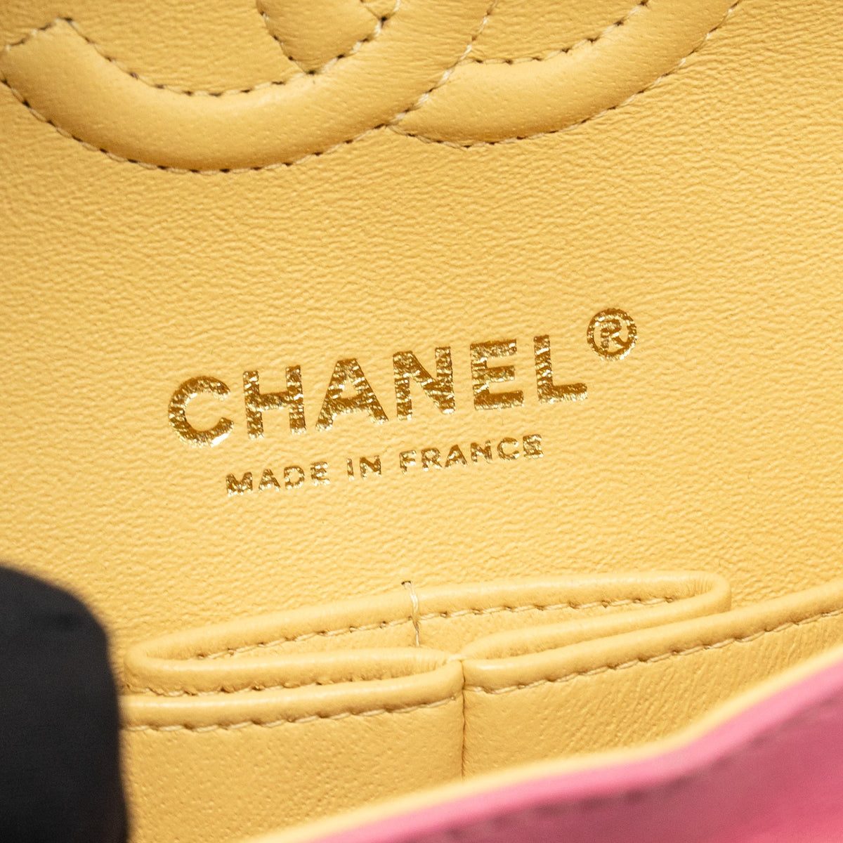 Chanel small classic double flap bag lambskin pink/yellow with iridescent pink hardware